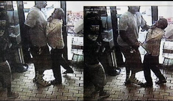 A still from CCTV footage of Michael Brown strong-arming a store-owner just before the shooting incident.