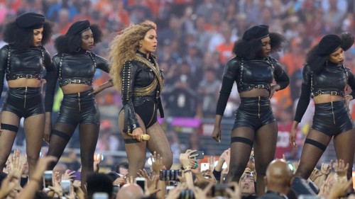 Feb 7, 2016; Santa Clara, CA, USA; Recording artist Beyonce performs during halftime in Super Bowl 50 at Levi's Stadium. Mandatory Credit: Matthew Emmons-USA TODAY Sports - RTX25WFM
