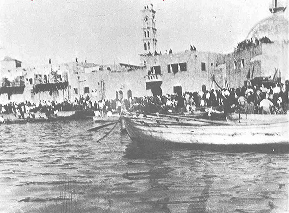 Palestinians driven into the sea at Jaffa Harbor, late April 1948. With the land routes cut off by the Haganah, tens of thousands of the citizens of Jaffa and neighboring villages fled by boat: south to Gaza and Egypt, and north to Lebanon.