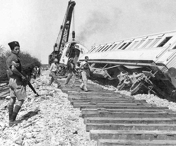 The Cairo to Haifa express train carrying British troops was sabotaged by Jewish terrorists, killing five soldiers and 3 civilians.