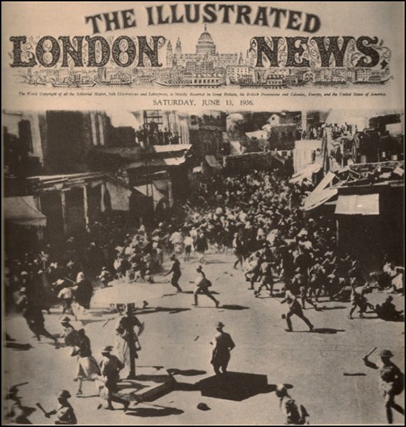 The beginning of the Arab Revolt of 1936-39. British riot police clash with Palestinian demonstrators protesting Britain's pro-Zionist policies (specifically increasing Zionist immigration into Palestine), Central Square, Jaffa, 12 June 1936.