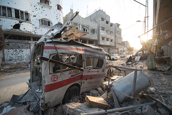 Bombed ambulances in Gaza.