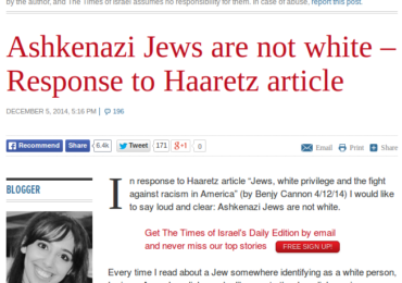 Times of Israel writer insists “Jews are not white”